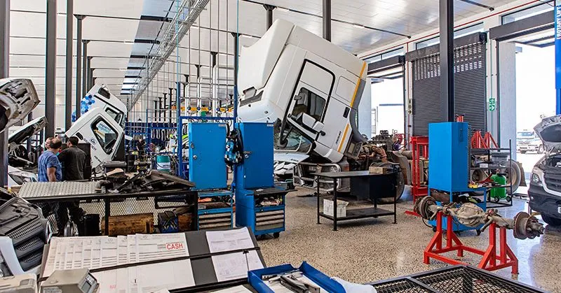 Inside a commercial truck service station